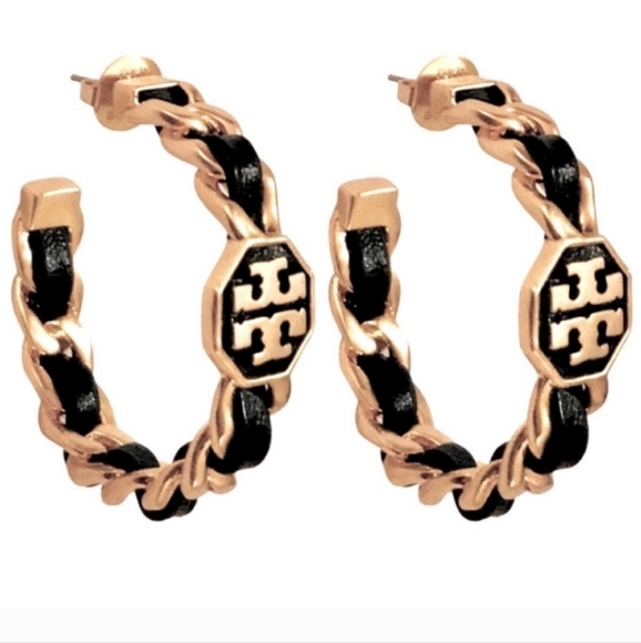 Tory Burch Marion Black Woven Hoop Earrings - Picture 1 of 5